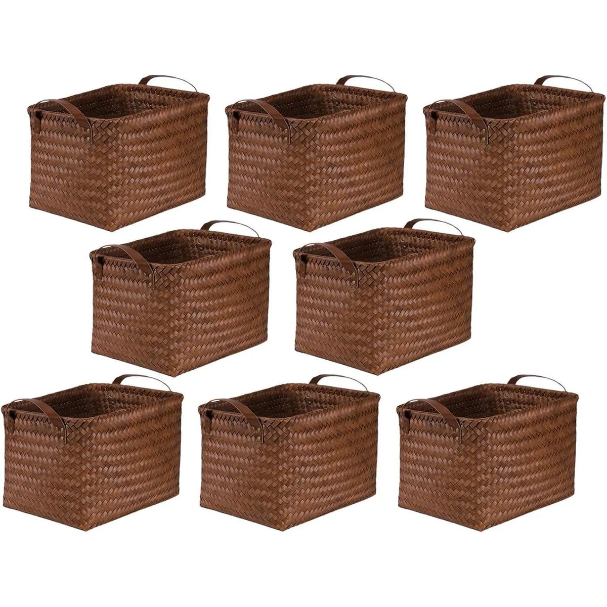 BROWNLILY Handwoven Wicker Storage Baskets with Vegan Leather Accents, 4/6/8-Pack Large Brown Bins with Handles, Decorative Faux Rattan Organizers for Shelves, Laundry, Bathroom Decor