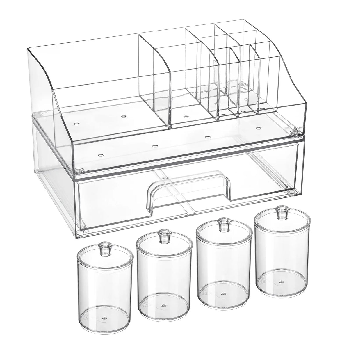 【Countertop Organizer】Vtopmart 6PCS Bathroom Countertop Organizer, 1 Divided Tray with 4 Qtip Holder Jars and 1 Drawers, Restroom Clear Organizers for Toothbrush, Cotton Pads, Vanity Accessories Storage Set
