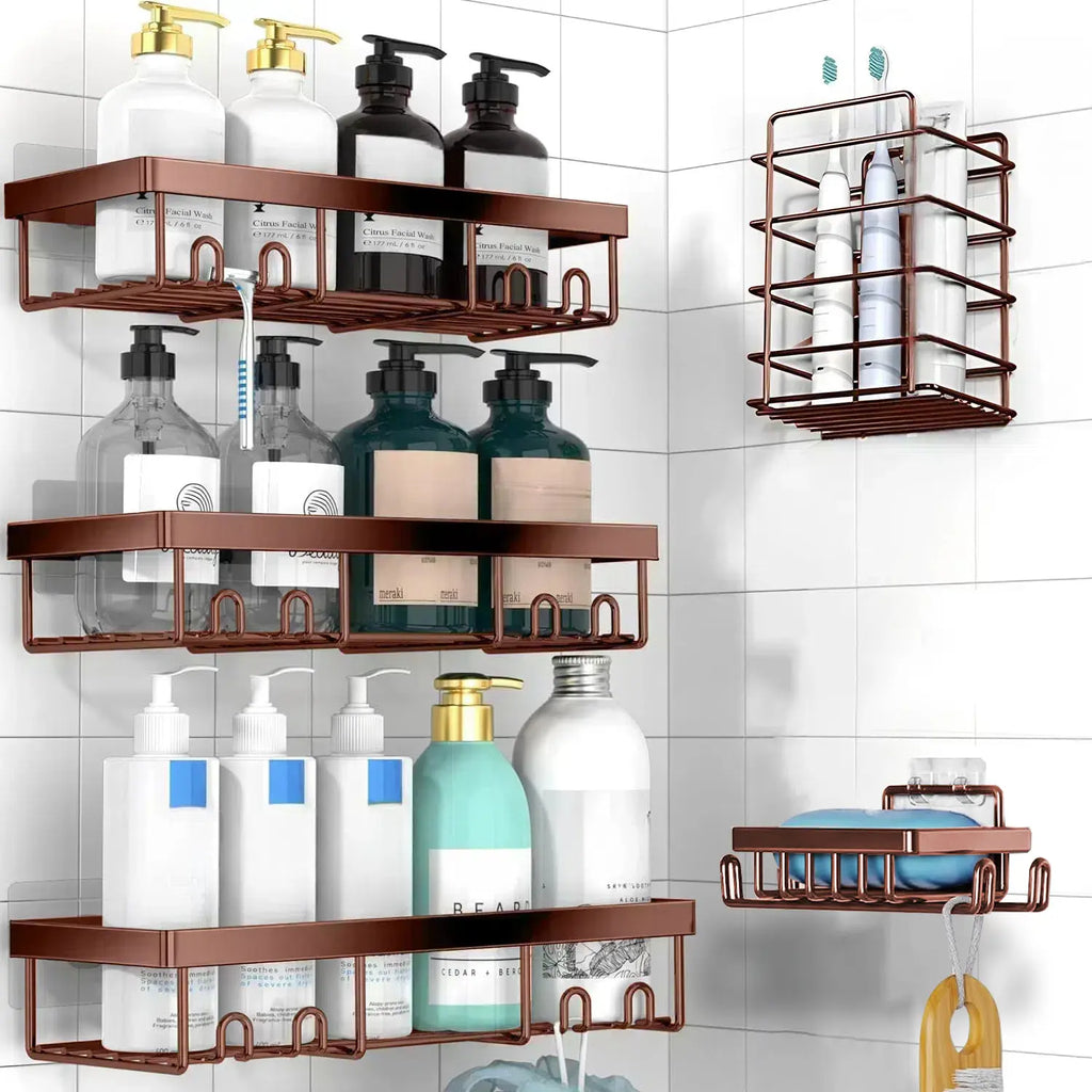 Jabukosu Matte Gold Stainless Steel Bathroom Accessory Sets - 5 & 1 Wall-Mounted Shelf Holders, No-Drill Waterproof Adhesive Organizer Storage for Shampoo, Soap