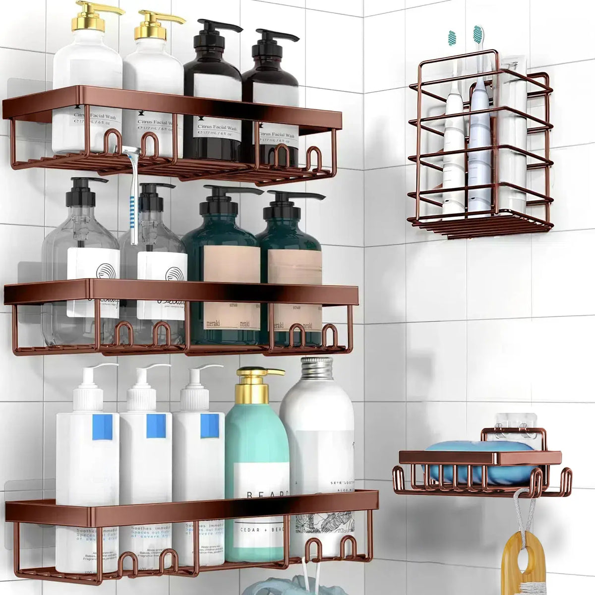 Jabukosu Matte Gold Stainless Steel Bathroom Accessory Sets - 5 & 1 Wall-Mounted Shelf Holders, No-Drill Waterproof Adhesive Organizer Storage for Shampoo, Soap