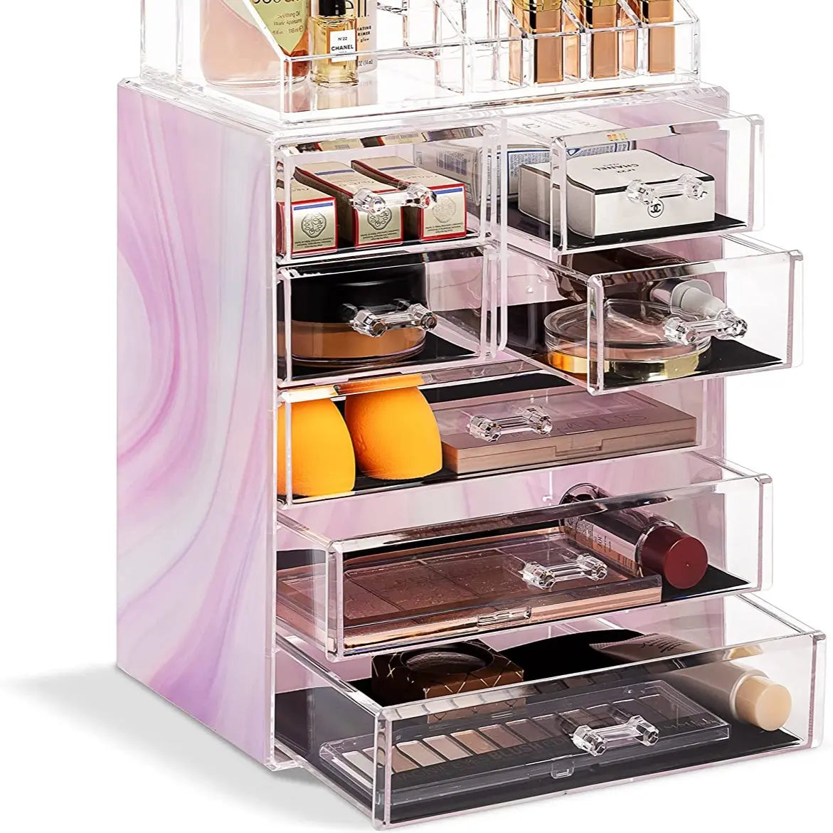Sorbus Medium Cosmetic Storage Organizer Set - Durable Plastic Boxes with 3 Large Drawers, 4 Small Drawers, Removable Top Tray, Handle, Slide Design for Multicolor Vanity Make-up Bags