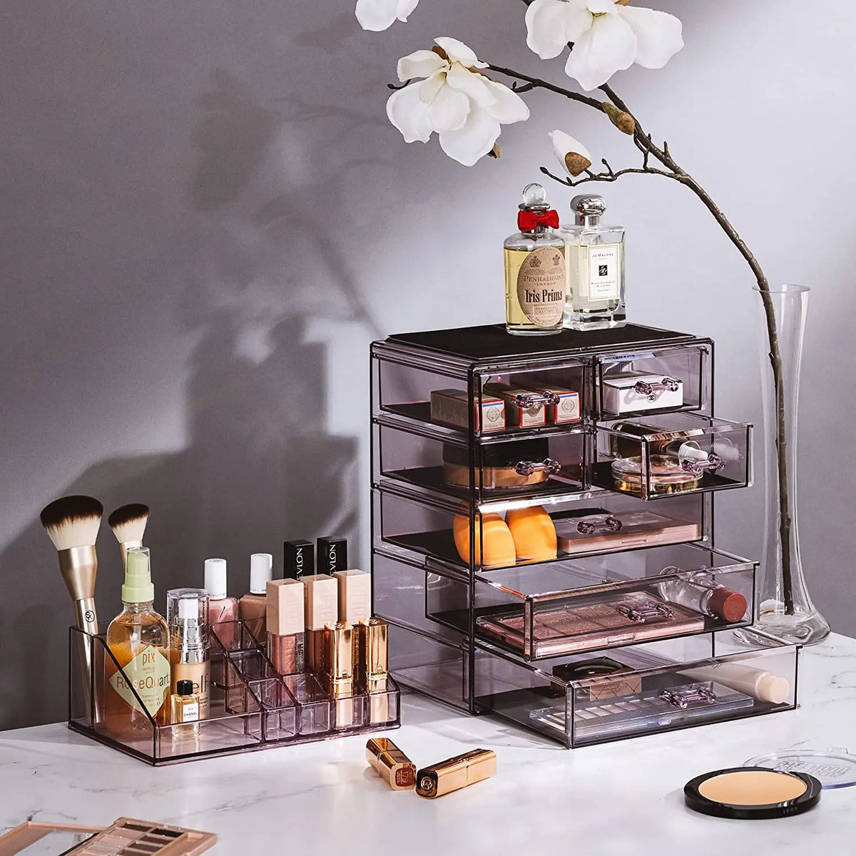 Sorbus Medium Cosmetic Storage Organizer Set - Durable Plastic Boxes with 3 Large Drawers, 4 Small Drawers, Removable Top Tray, Handle, Slide Design for Multicolor Vanity Make-up Bags