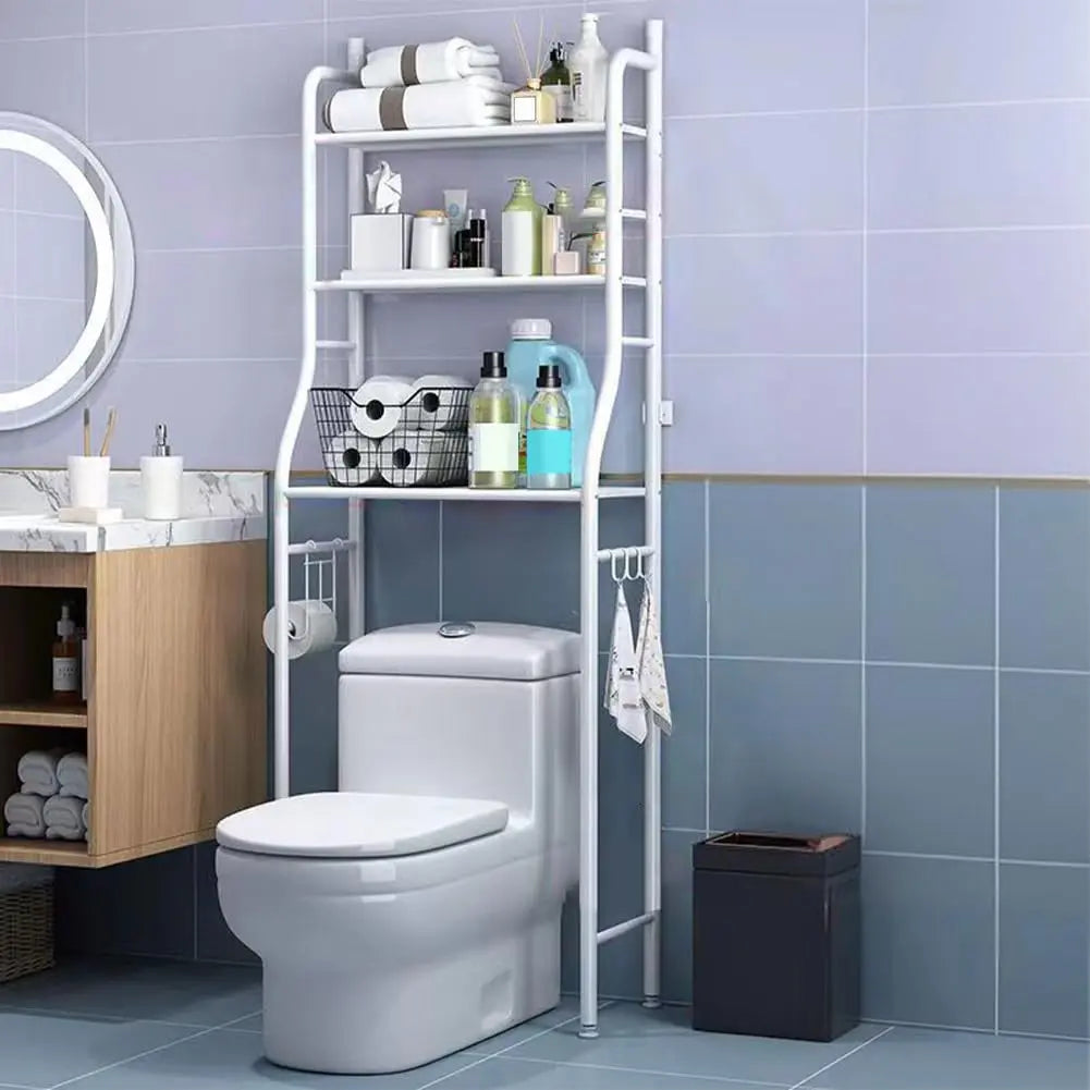Space-Saving Over-the-Toilet Storage Rack, 3-Tier Freestanding Stainless Steel Bathroom Organizer with Detachable Towel Hooks & Toilet Paper Holder, Floor Standing Bathroom Shelving Unit for Small Bathrooms Laundry Restrooms, Black Finish