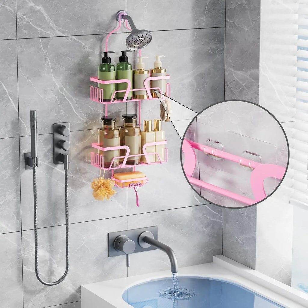 Shower Caddy Hanging, Pink Over the Shower Head Caddy with Soap Holder, Bathroom Organizer with Hooks for Razors and Bath Sponges