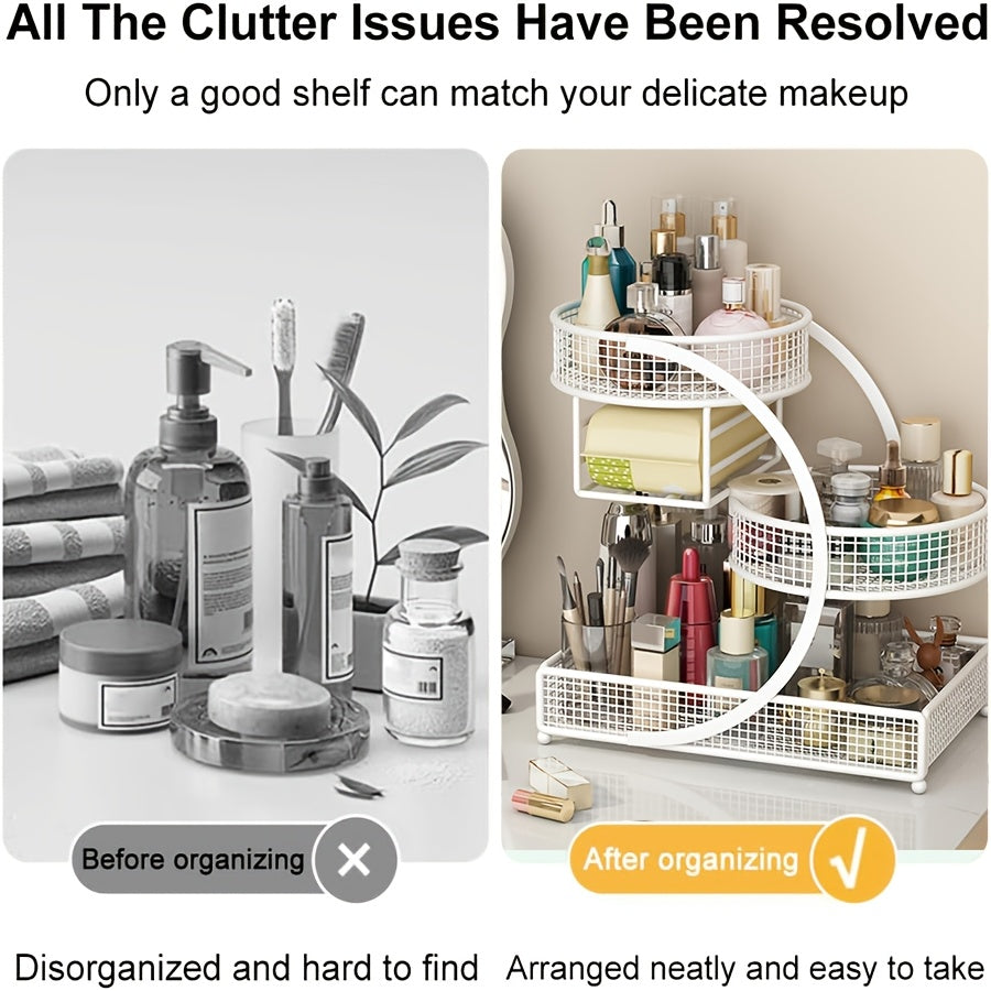 A 3-Tier Metal Cosmetic Organizer with a Varnished End, Featuring a Tissue Box. This Lightweight And No-Installation-Required Storage Rack Can Serve As a Dressing Table Or a Countertop Organizer in The Bathroom