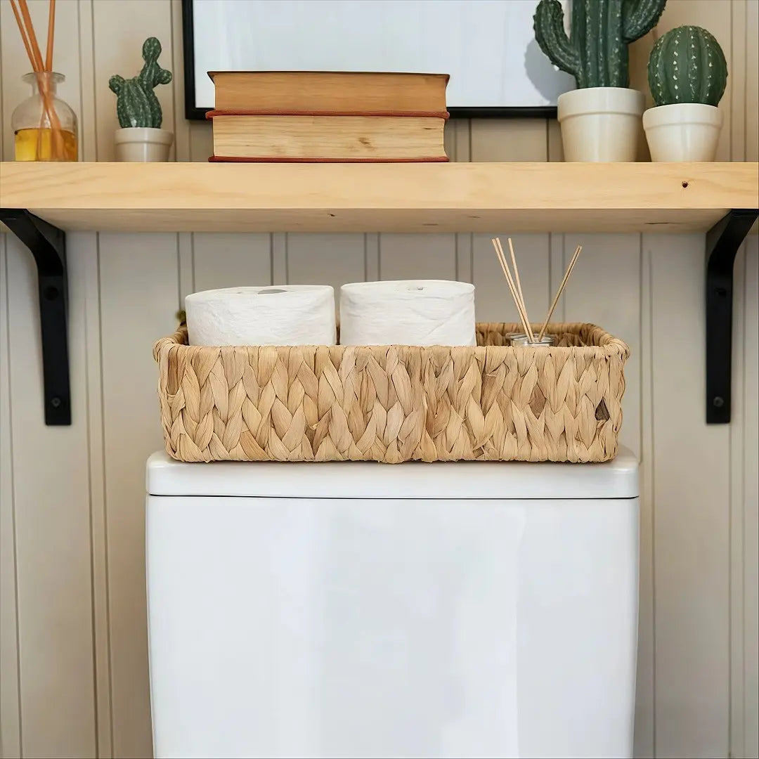 2-Pack Handwoven Water Hyacinth Toilet Tank Baskets with Built-in Handles - Compact House Organizers Set, Narrow Wicker Home Supplies for Toilet Paper Storage, Boho Farmhouse Bathroom Vanity Organizer Gift