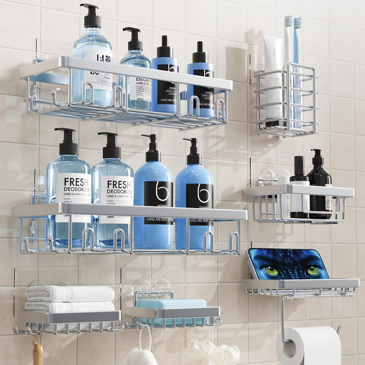 Shower Caddy 7 Pack, Adhesive Bathroom Shower Organizer for Bathroom Storage, No Drilling Large Capacity Rustproof Stainless Steel Shower Shelves Rack for Bath, Black