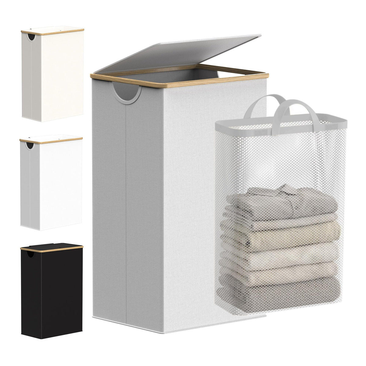 efluky Slim Laundry Basket with Lid, Narrow Laundry Hamper with Removable Bag, Skinny Dirty Clothes Basket with Bamboo Handles for Bathroom, Bedroom & Laundry Room, 75L Beige