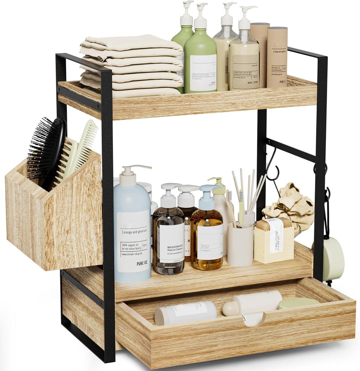 2-Tier Bathroom Counter Organizer, Wooden Vanity Shelf with Drawer & Basket