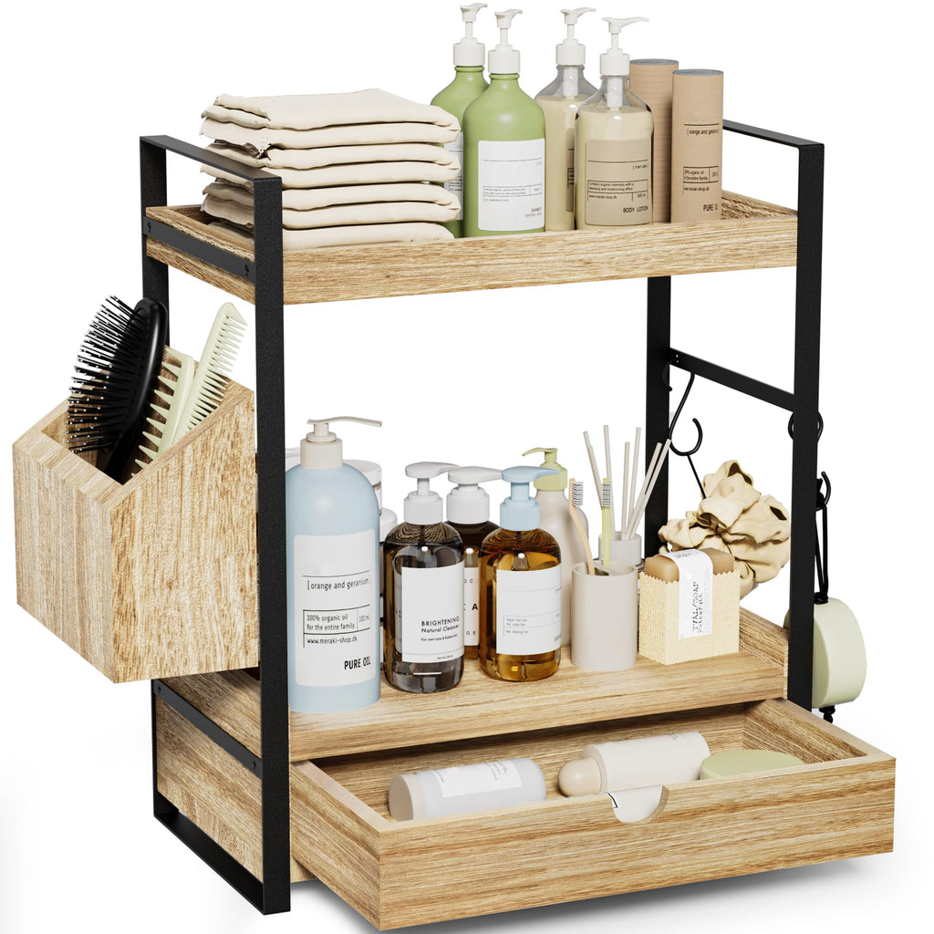 2-Tier Bathroom Counter Organizer, Wooden Vanity Shelf with Drawer & Basket