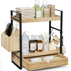 2-Tier Bathroom Counter Organizer, Wooden Vanity Shelf with Drawer & Basket