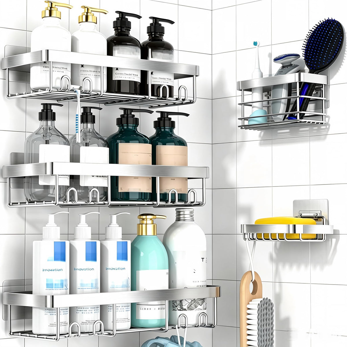 Moforoco Adhesive Shower Caddy Organizer Shelves Rack - 5 Pack Corner Bathroom Storage Organization, Home & Kitchen Decor Inside RV Accessories, Hanging First Apartment Household Camper Essentials