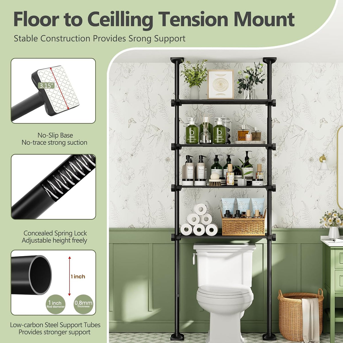 Over The Toilet Storage Shelf No Drill 4-Tier Adjustable Bathroom Organizer