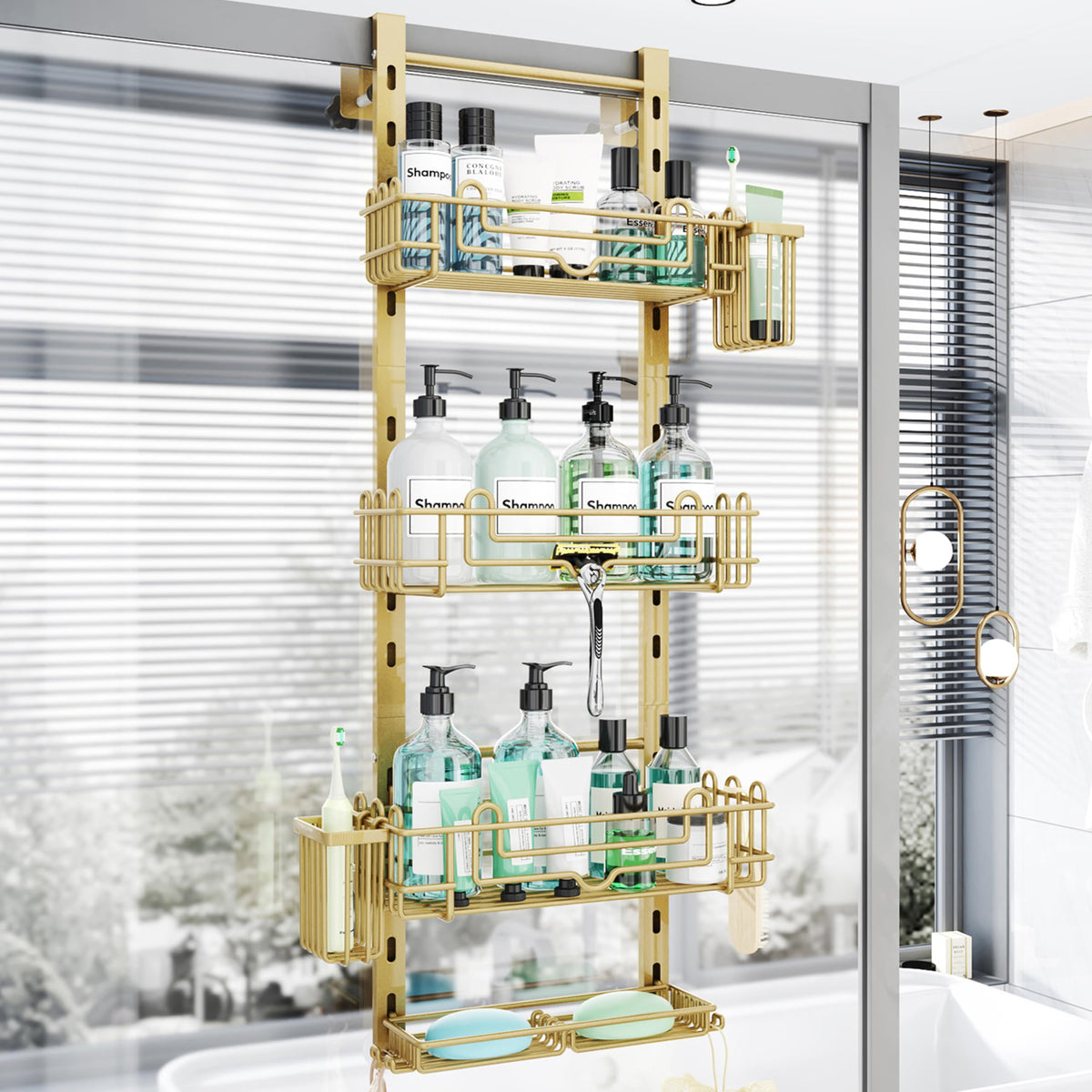 HapiRm Over the Door Shower Caddy - 4-Tier Hanging Shower Organizer with 22 Hooks and 2 Toothbrush Holders, No Drilling Adjustable Hanging Shelves for Bathroom - Black