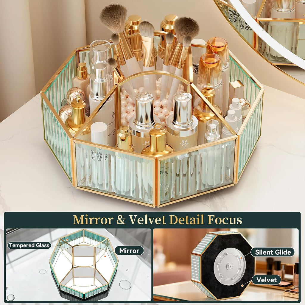 CoralHouse Rotating Glass Makeup Organizer for Vanity with Brush Holder