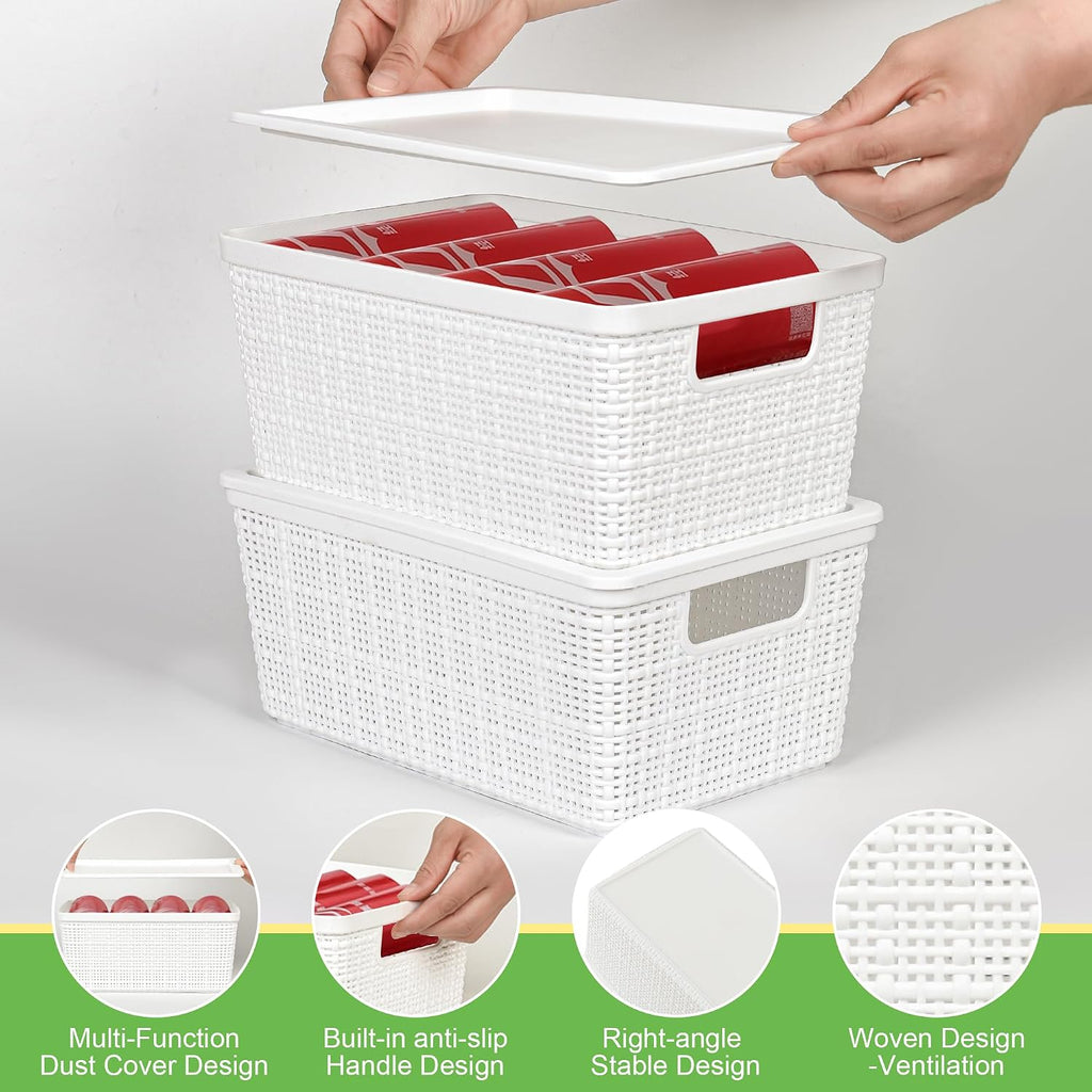 6 Pack Plastic Storage Baskets with Lid,White Stackable Bins