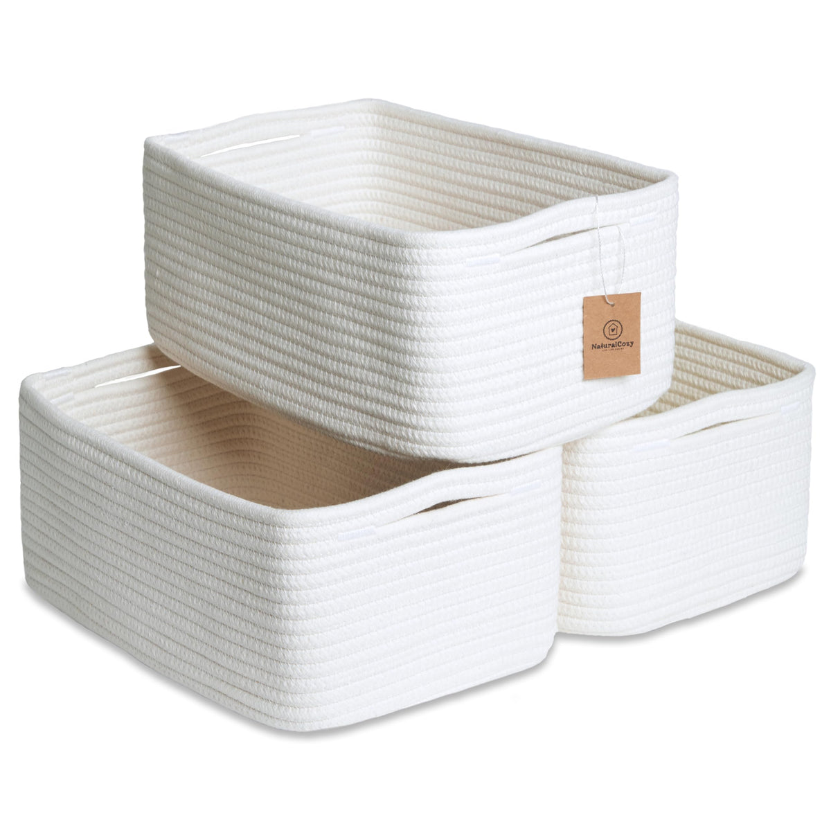 NaturalCozy 11.8"x8"x4.5” Storage Baskets for Shelves 3 Pack | Cotton Rope Woven Small Baskets for Organizing | Small Storage Bins for Nursery, Bathroom, Closet, Cube Shelf, Decorative, Gift Basket