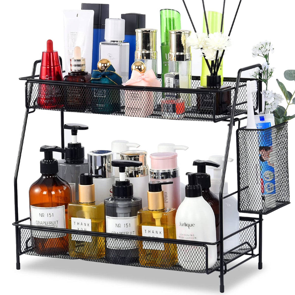 LEMIKKLE 2-Tier Bathroom Countertop Organizer,Skincare, Makeup Countertop Organizers, Kitchen, Bathroom Counter Storage with Small Basket (Black)