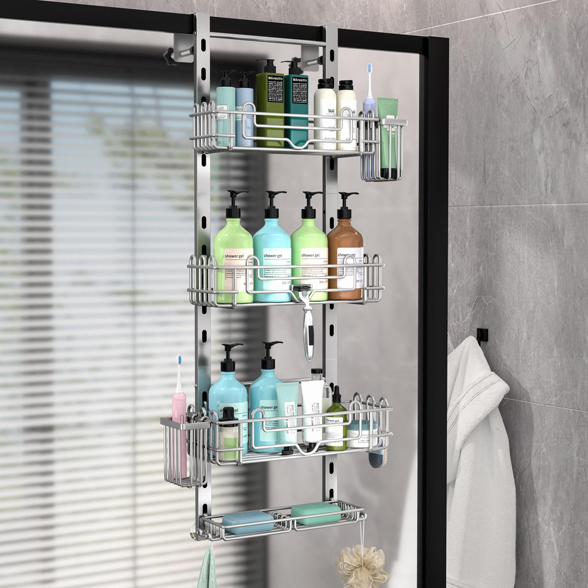 HapiRm Over the Door Shower Caddy - 4-Tier Hanging Shower Organizer with 22 Hooks and 2 Toothbrush Holders, No Drilling Adjustable Hanging Shelves for Bathroom - Black