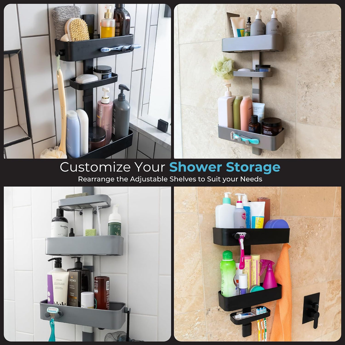 ShowerSMART Shower Caddy, Adjustable Shelves, Magnetic Hooks, Black