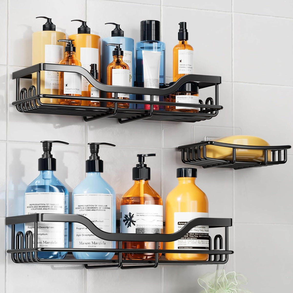 OMAIRA 3-Pack Shower Caddy with Soap Holder, Adhesive Rustproof No-drill Strudy Loading Inside Shower Organizer Shelves Rack Storage Bathroom Organization for Smooth Wall Glass Tile, Black (X-Large)
