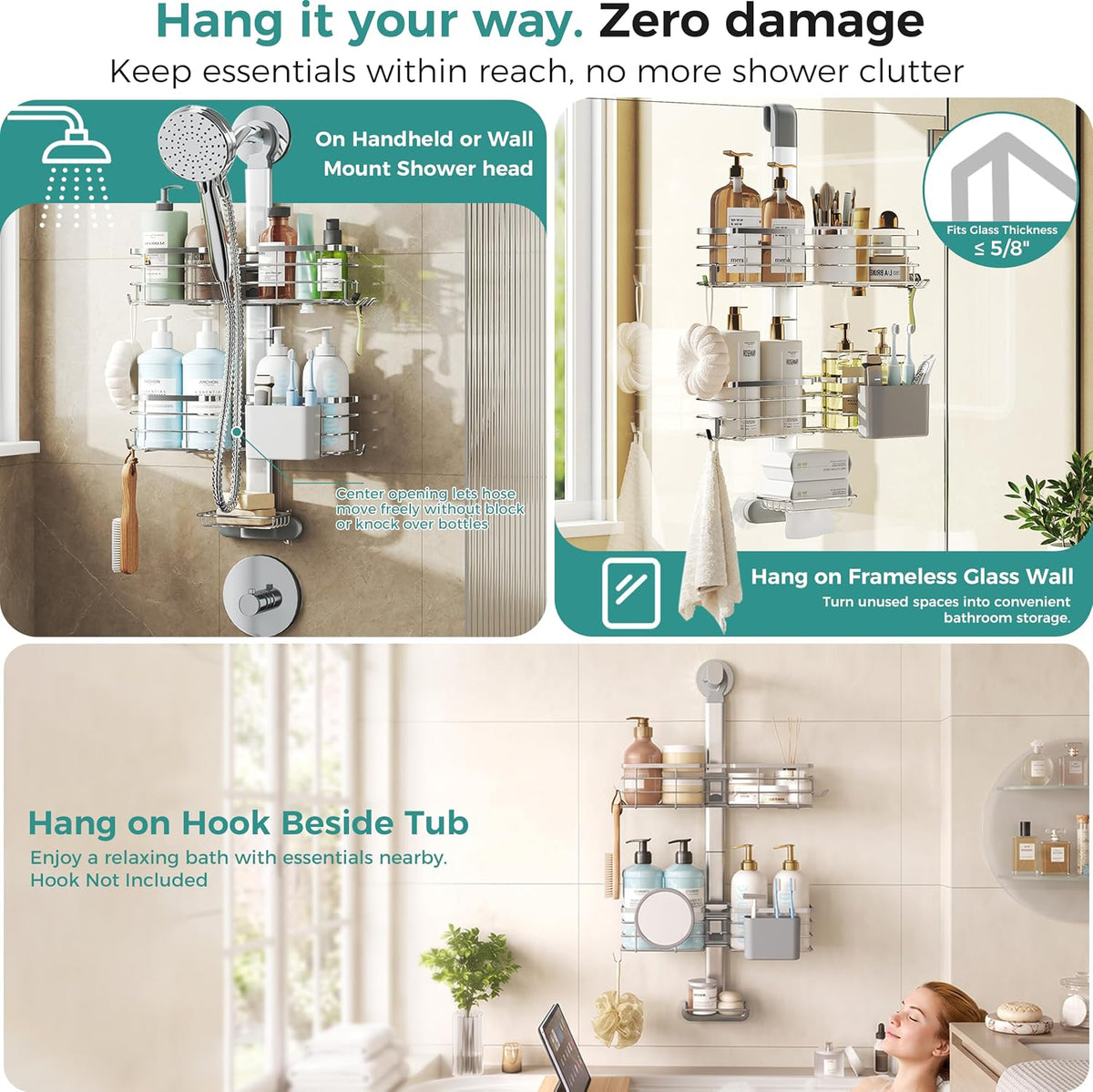 Adjustable Shower Caddy Hanging Over Shower Head, Storage Organizer Rack