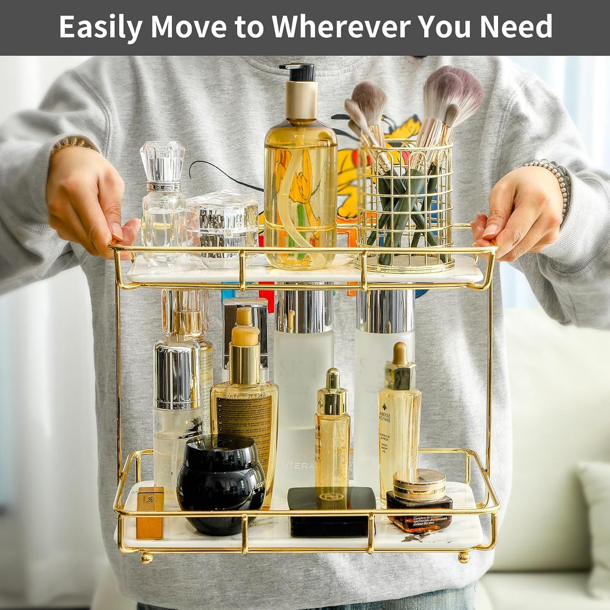 Bathroom Organizer Countertop Perfume Organizer Makeup Organizer Cosmetics Storage Display Rack Vanity Tray Dresser Stainless Steel Gold Shelf White Marble Ceramic Tray