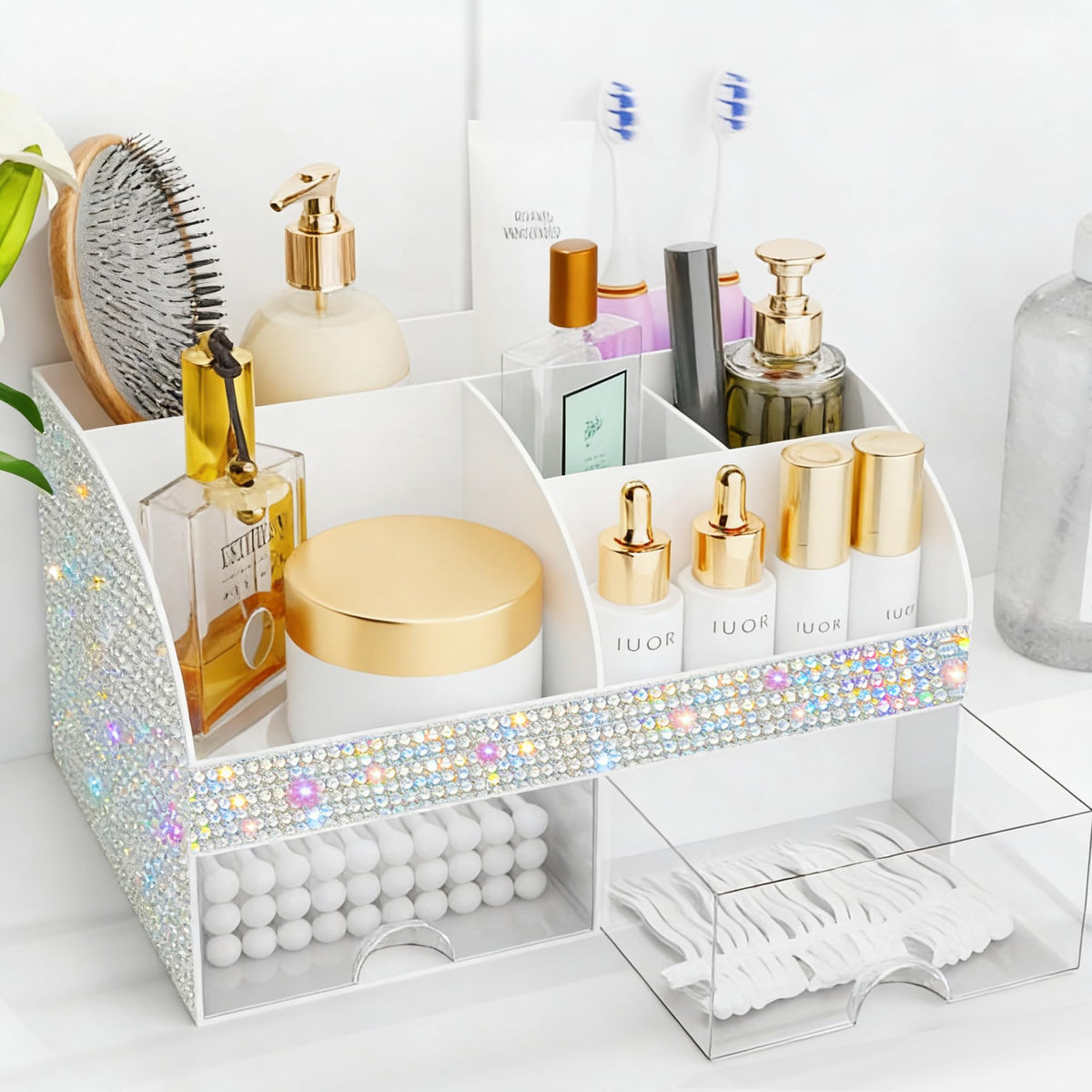 Makeup Organizer with Drawers, Cosmetic Storage for Dresser Vanity and Bathroom Countertop, Beauty Holder for Lipstick Brush, Skincare Organizer for Vanity, Cosmetic Display Case (Black)