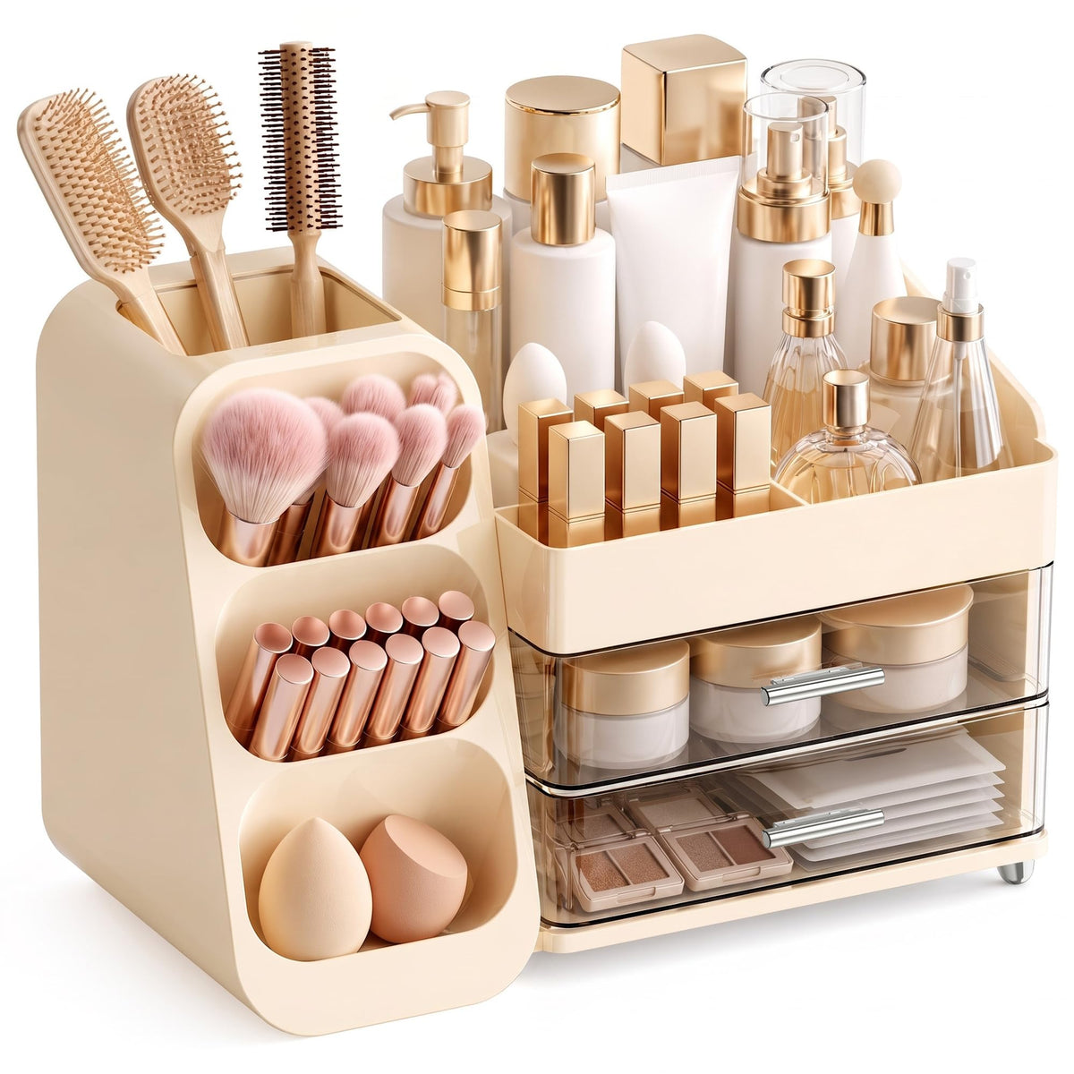 Makeup Organizer for Vanity - Large Skincare Organizers Countertop, Cosmetic Organizer with Brush Holder and 2 Drawer, Makeup Storage for Lipsticks, Nail Polishes, Eyeshadow Palettes, White