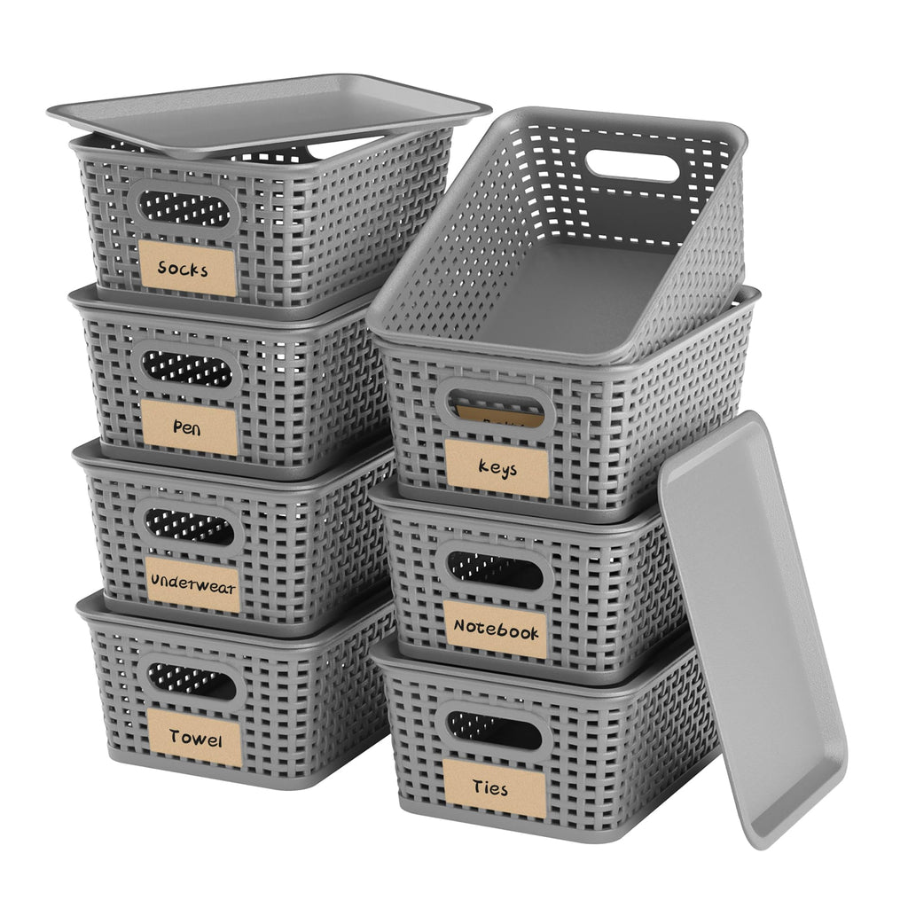 6 Pack Plastic Storage Baskets with Lid,White Stackable Bins