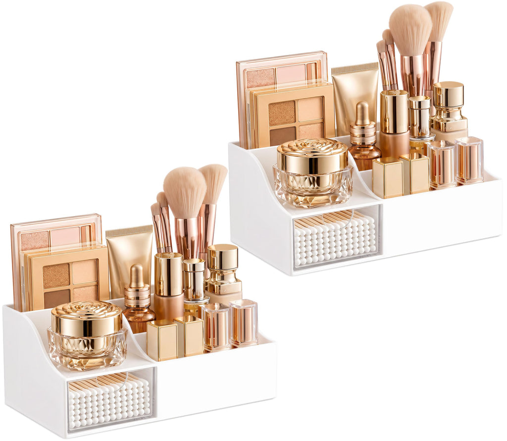 HBlife Makeup Organizer with Drawer – Cosmetic Storage for Vanity, Bathroom Countertop & Dresser, Skincare Organizer with Brush Holder, Beauty Display Case (Clear)