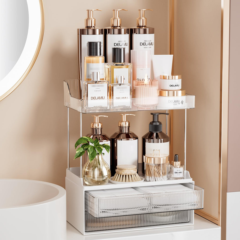 Delamu 4-Tier Makeup Organizer, Bathroom Counter Storage, 2 Drawers, Amber