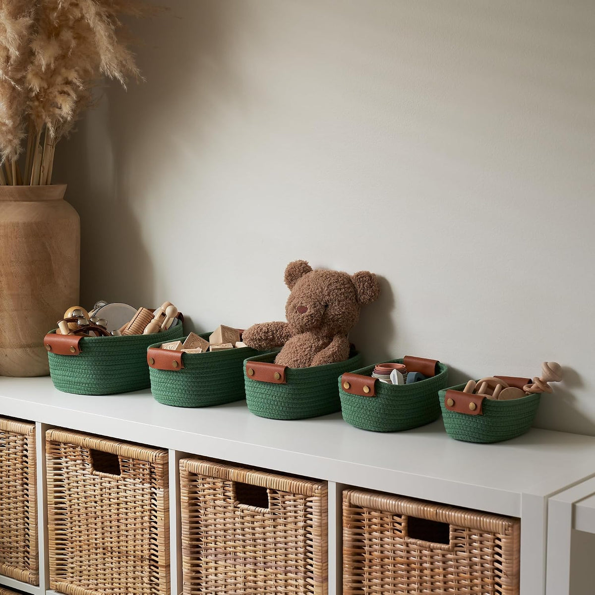 Beautiful Storage Basket Set of 5 - Sturdy Cotton Rope Baskets for Shelves