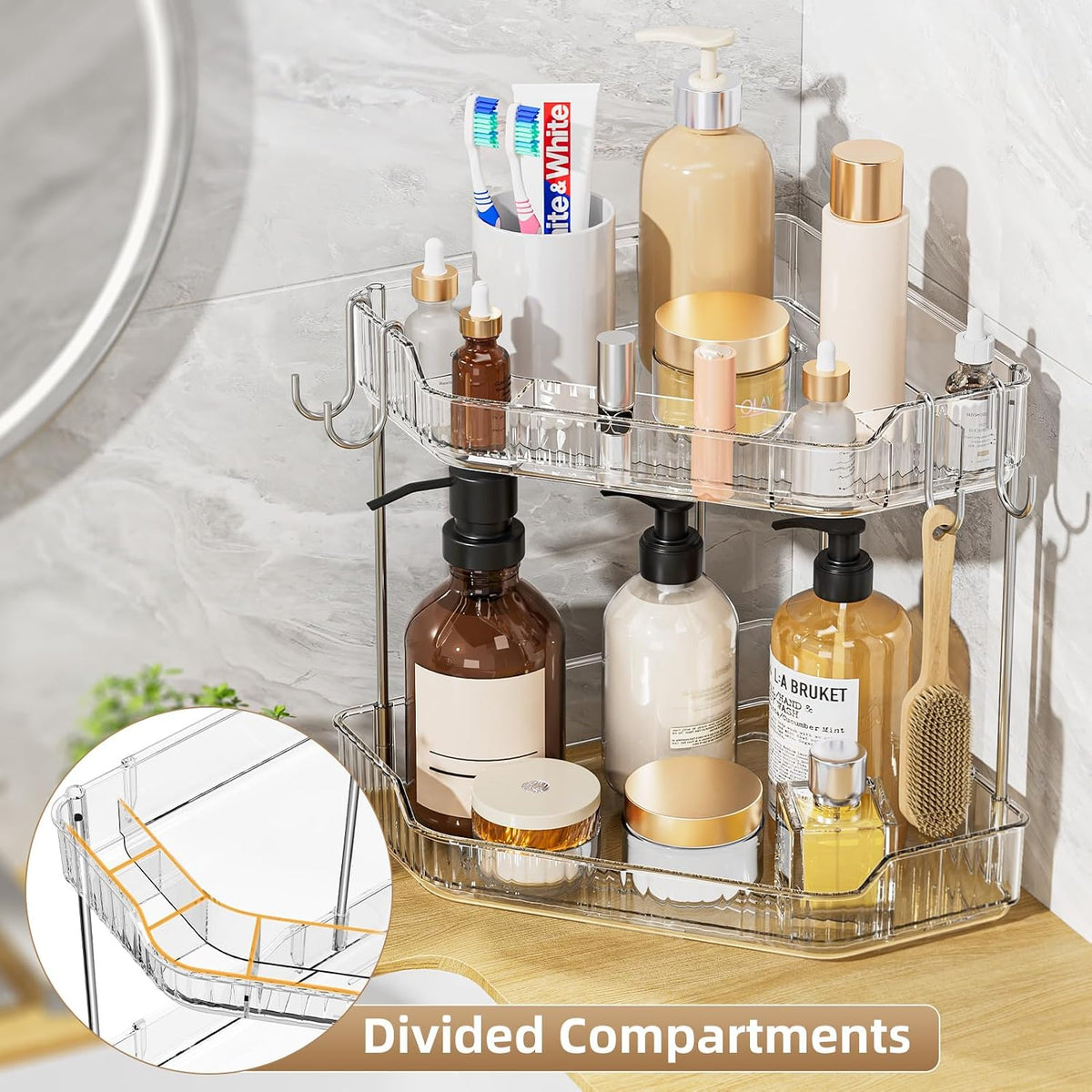 VITVITI 2 Tier Corner Bathroom Counter Organizer, Bathroom Countertop Organizer Storage for Sink, Plastic Makeup Organizer for Vanity Countertop Kitchen with Hooks, Clear
