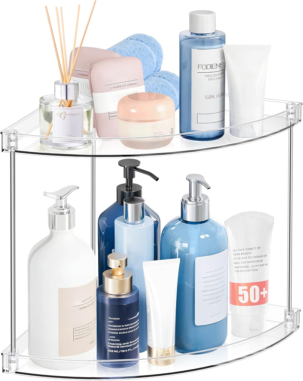 2 Tier Corner Bathroom Counter Organizer, Clear, Triangular