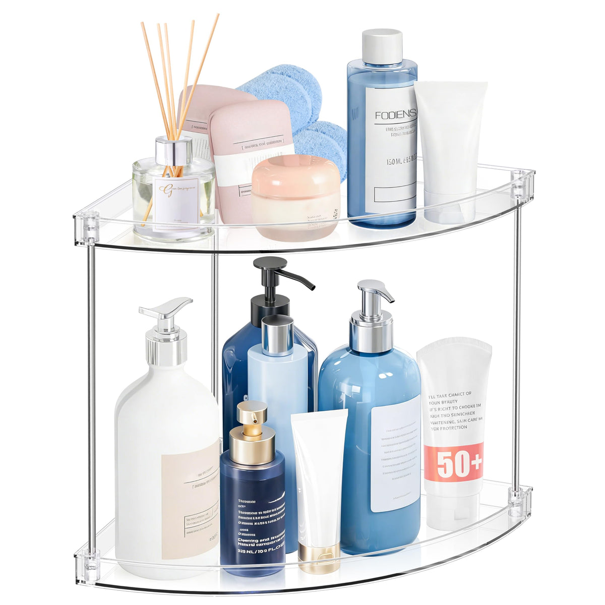 2 Tier Corner Bathroom Counter Organizer, Clear, Triangular