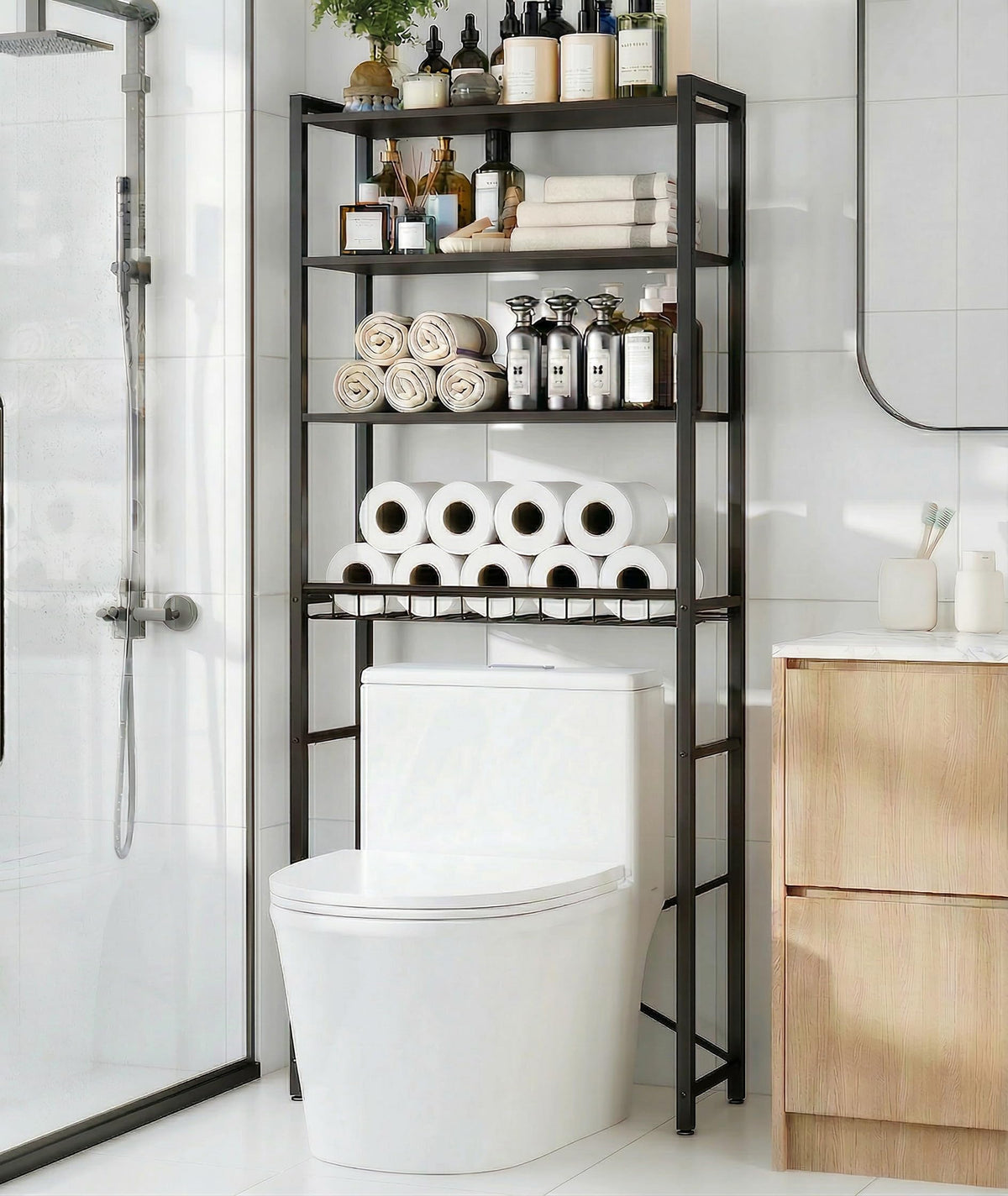 4-Tier Over-the-Toilet Storage Rack with One-Piece Wooden Shelves & Open Net Basket, Bathroom Organizer with Adjustable Feet & Anti-Tip Kit, Space-Saving Toilet Shelf, Brown, 24.4" x 9.4" x 69.3"
