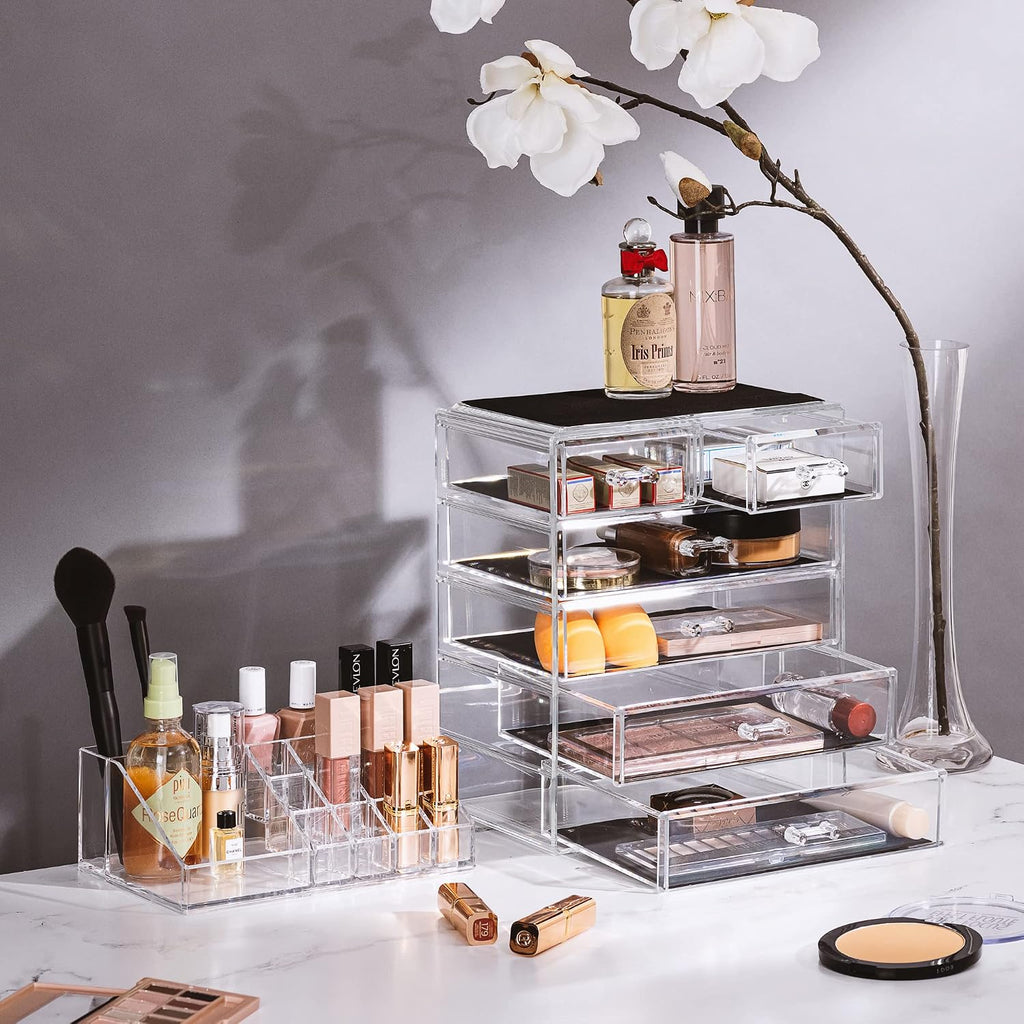 Sorbus Makeup Organizer, 6-Drawer Acrylic 2-Piece Set (Clear)