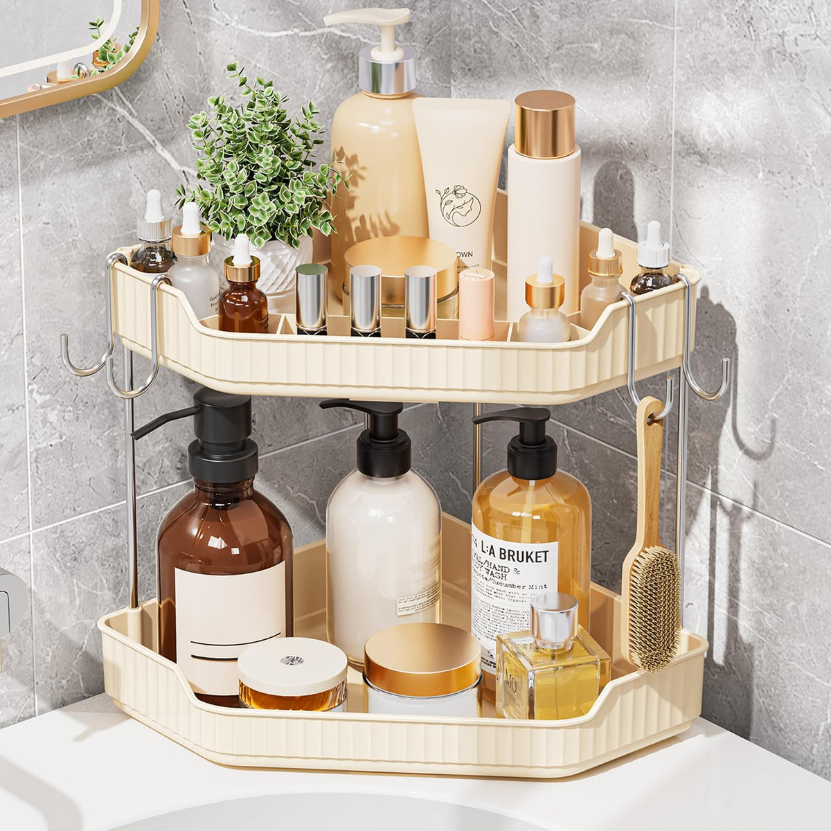 VITVITI 2 Tier Corner Bathroom Counter Organizer, Bathroom Countertop Organizer Storage for Sink, Plastic Makeup Organizer for Vanity Countertop Kitchen with Hooks, Clear