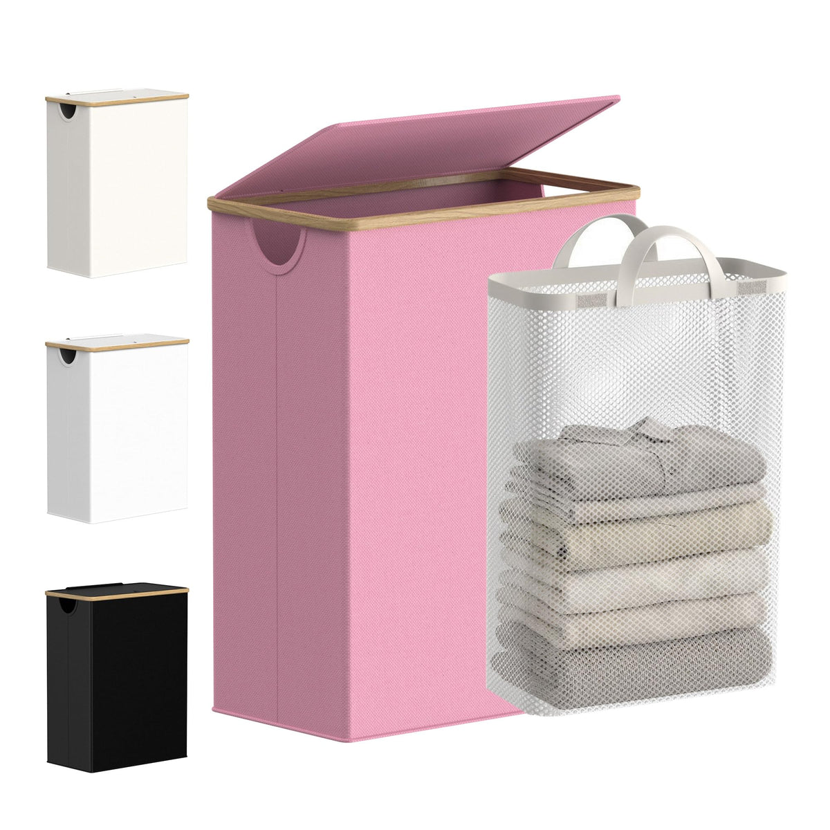 efluky Slim Laundry Basket with Lid, Narrow Laundry Hamper with Removable Bag, Skinny Dirty Clothes Basket with Bamboo Handles for Bathroom, Bedroom & Laundry Room, 75L Beige