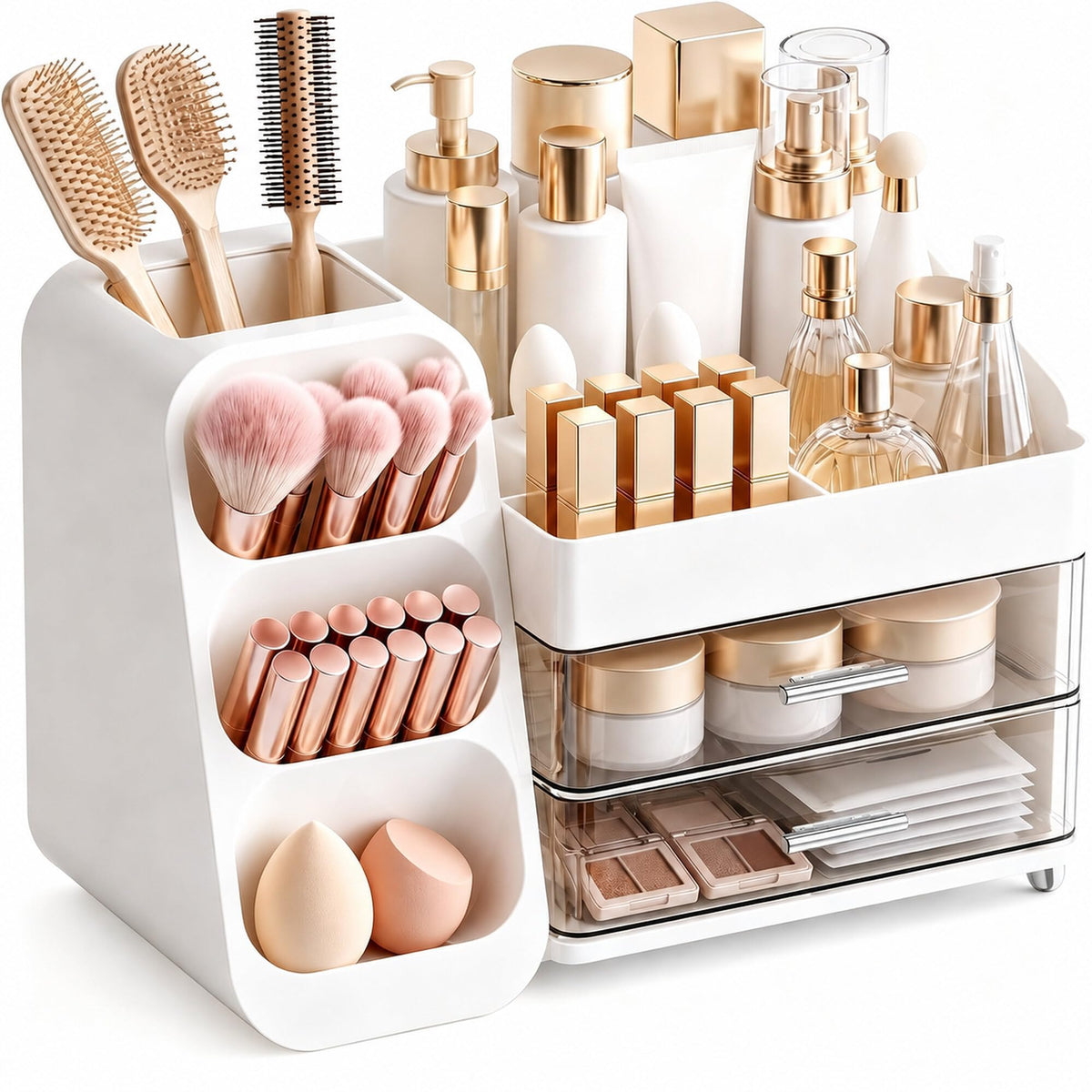 Makeup Organizer for Vanity - Large Skincare Organizers Countertop, Cosmetic Organizer with Brush Holder and 2 Drawer, Makeup Storage for Lipsticks, Nail Polishes, Eyeshadow Palettes, White