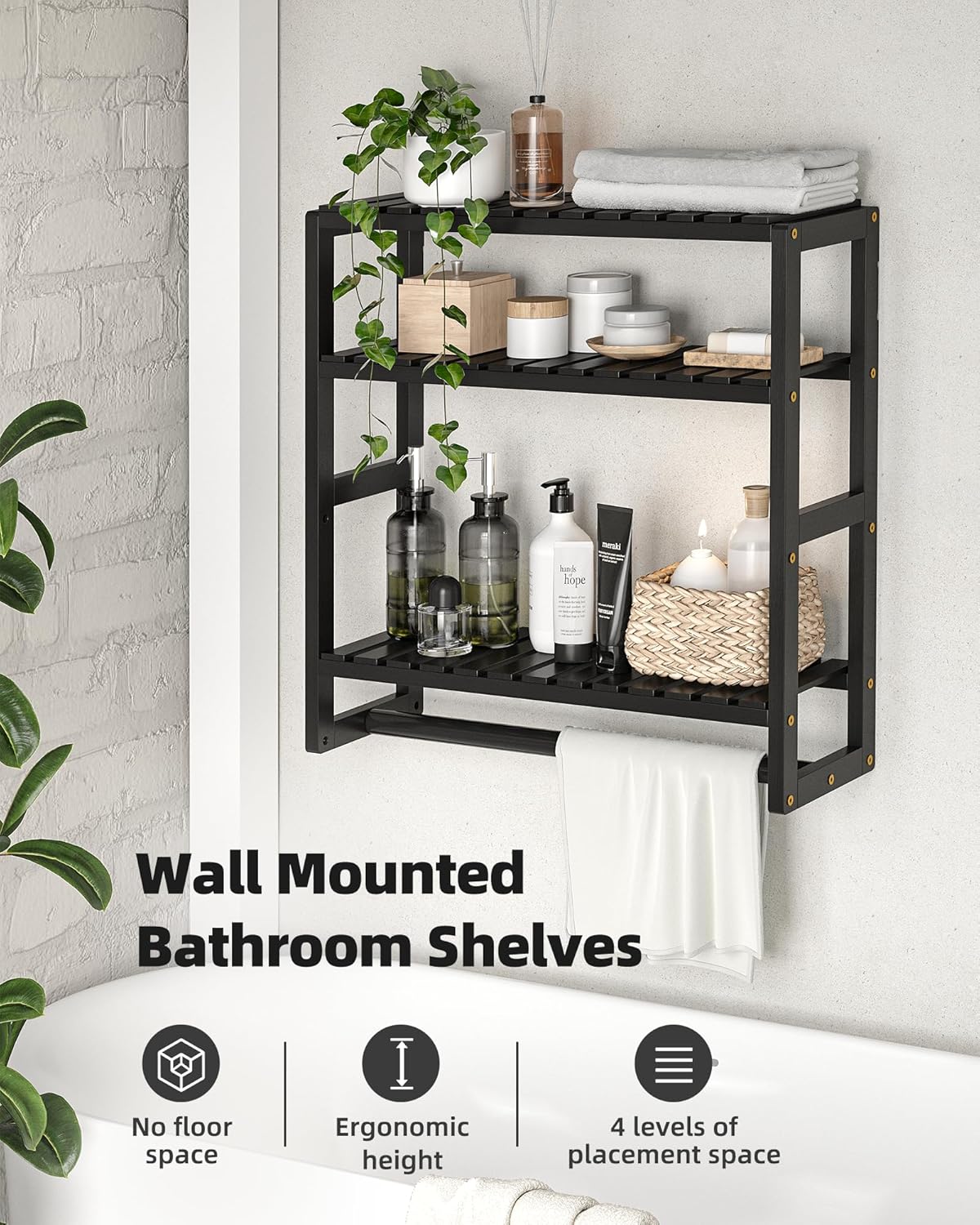 Galood Over The Toilet Storage Bathroom Shelves Wall Mounted 3 Tier Black