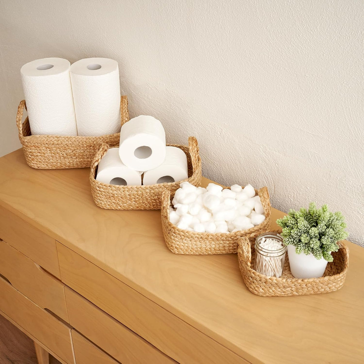 Beautiful Storage Basket Set of 4 - Natural Jute Rope Baskets for Shelves