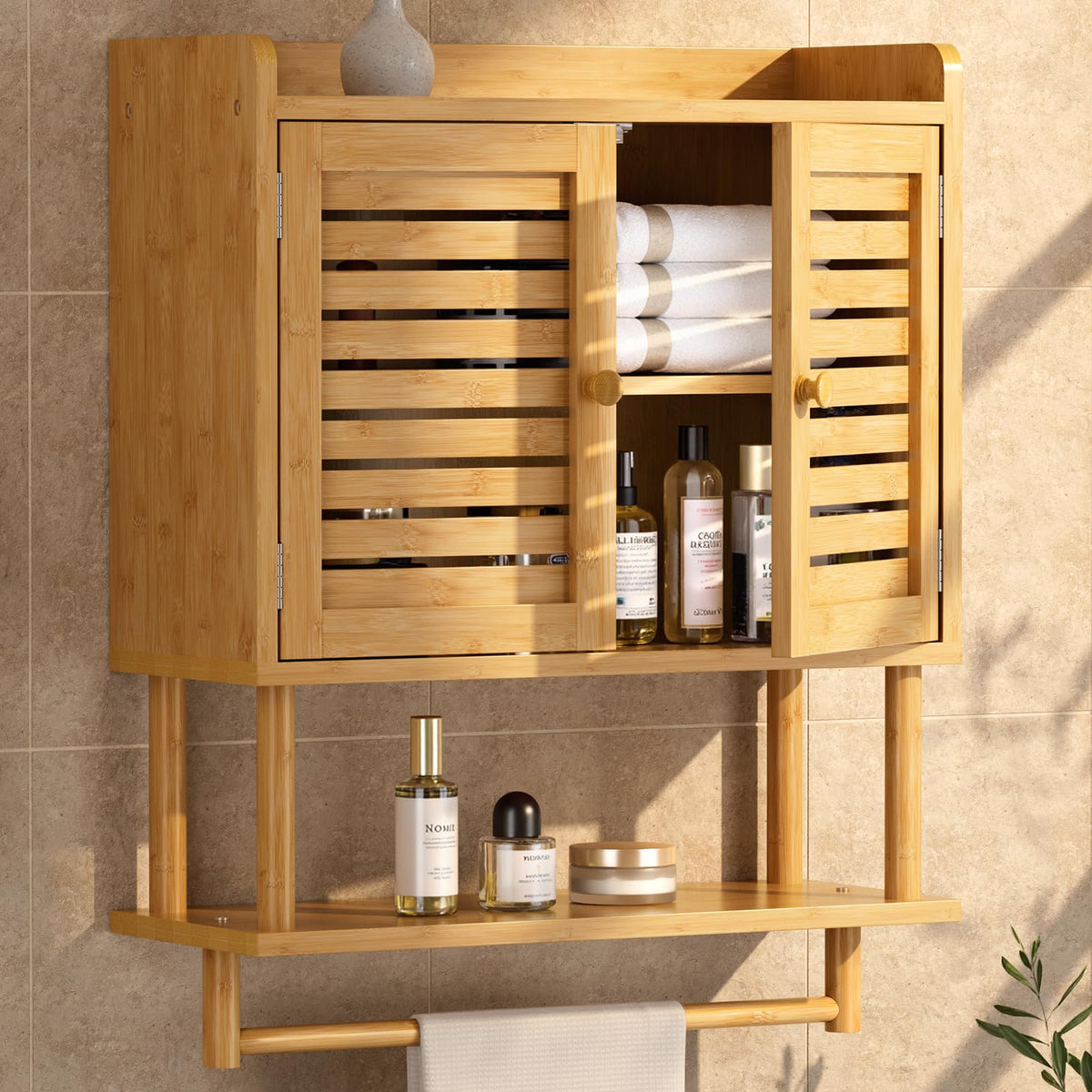 AmazerBath Bathroom Wall Cabinets, Bamboo Medicine Cabinet with Rattan Door, Over The Toilet Storage Cabinet with Towel Bar, Wall Mounted Cabinet with Adjustable Shelves for Small Spaces