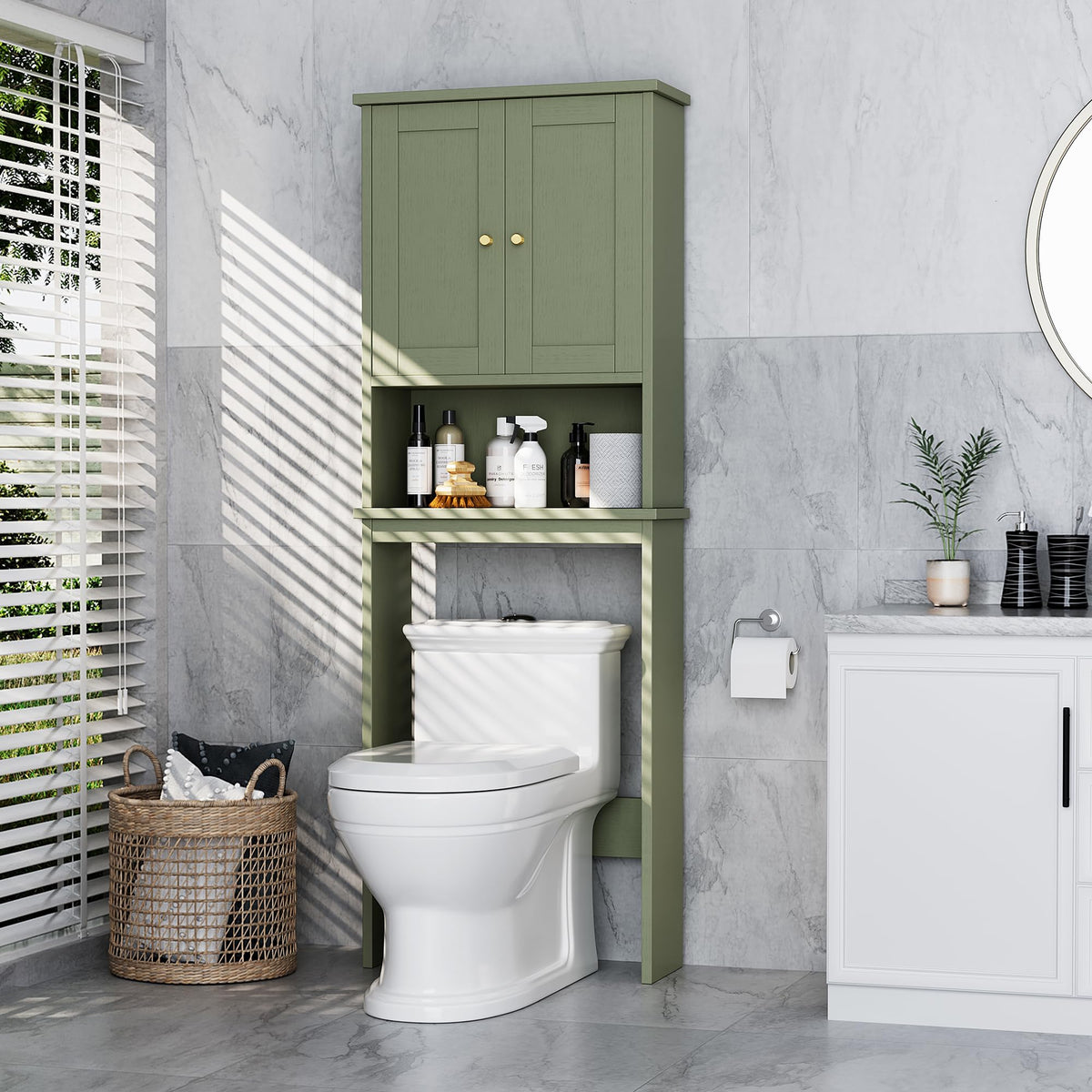 Over the Toilet Storage Cabinet, Bathroom Storage Organizer Over Toilet, Space Saver W/Adjustable Shelf & Open Shelf, White