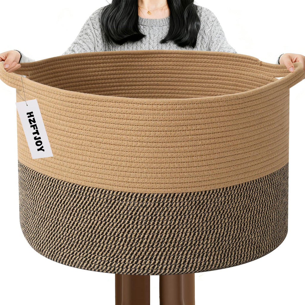 Large Woven Blanket Basket,65L Cotton Rope Laundry Basket