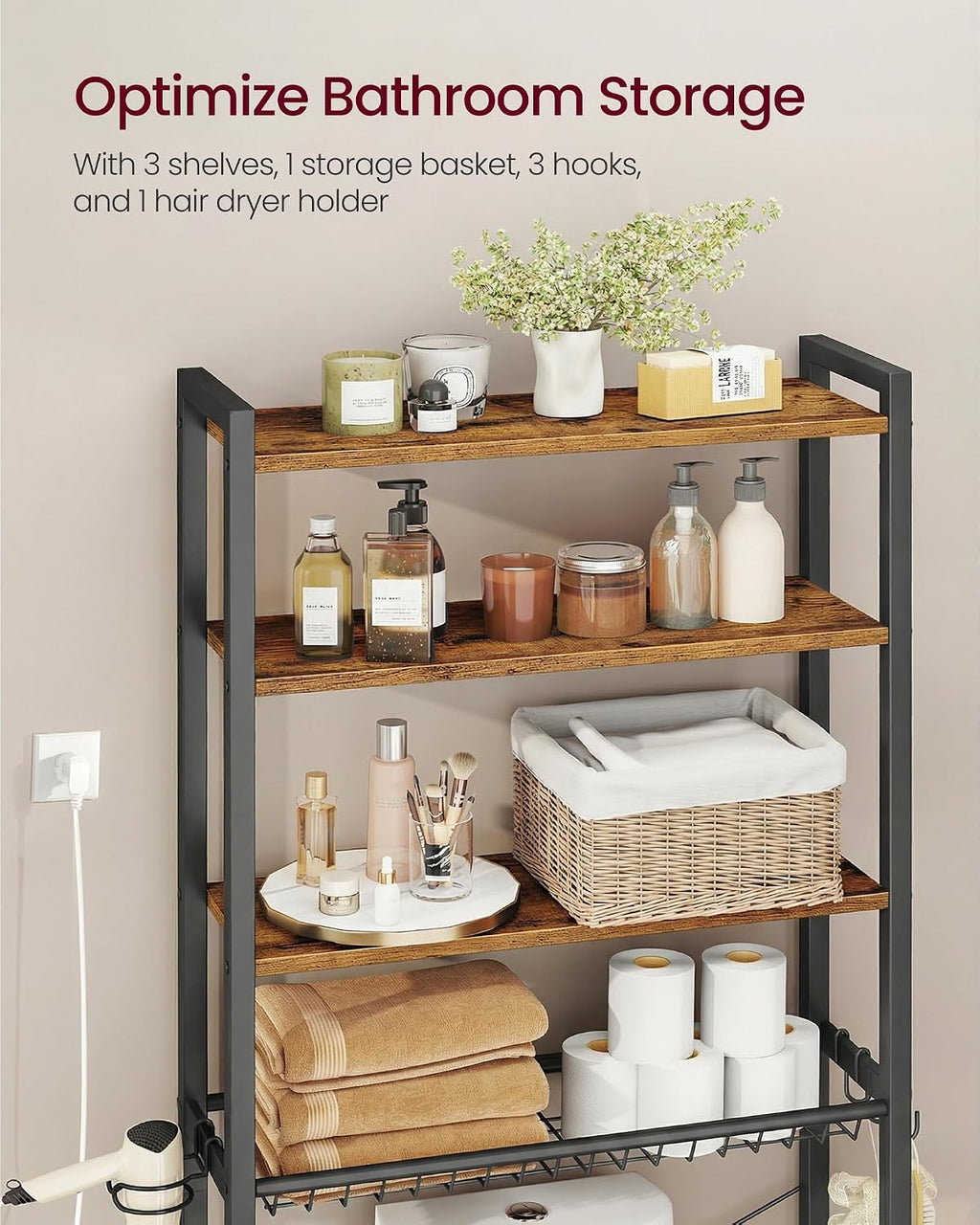 VASAGLE 4-Tier Over the Toilet Storage, Adjustable Shelves, Basket, 68.1''H