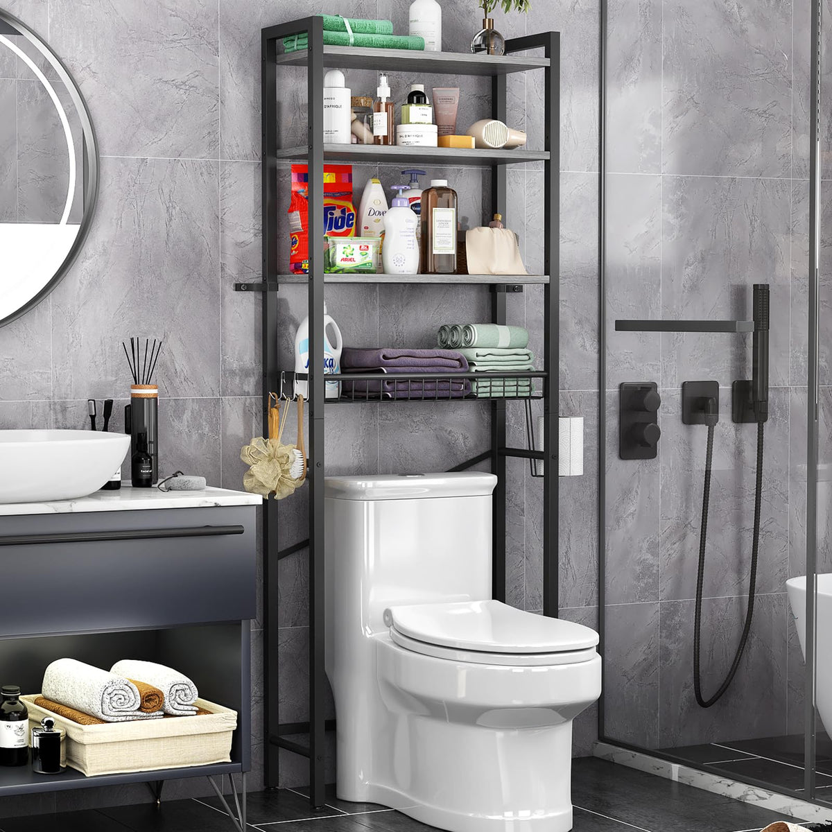 Kalrin Over-The-Toilet Storage Rack, 4-Tier Bathroom Organizer Shelf Over Toilet with Adjustable Shelf and Basket, Freestanding Space Saver Bathroom Shelves Above Toilet for Room (Vintage Brown)