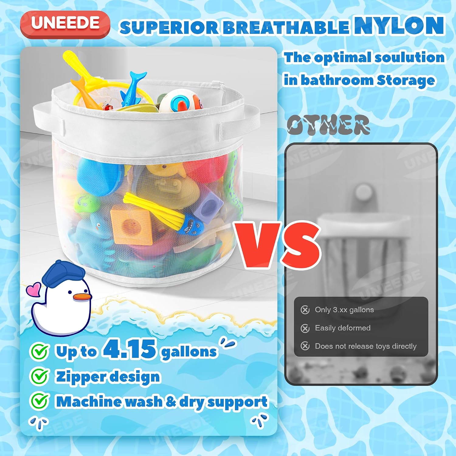 UNEEDE Bath Toy Organizer,4 Gallons Bathtub Toy Storage Organizer