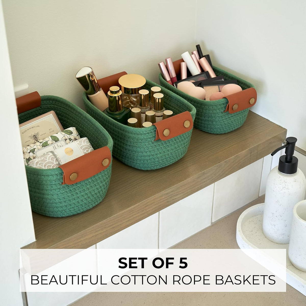 Beautiful Storage Basket Set of 5 - Sturdy Cotton Rope Baskets for Shelves